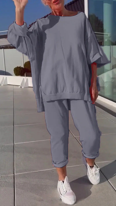 Louniva™ - Kvinnors Lediga Tvådelade Set med Rundhalsad Topp och Byxor