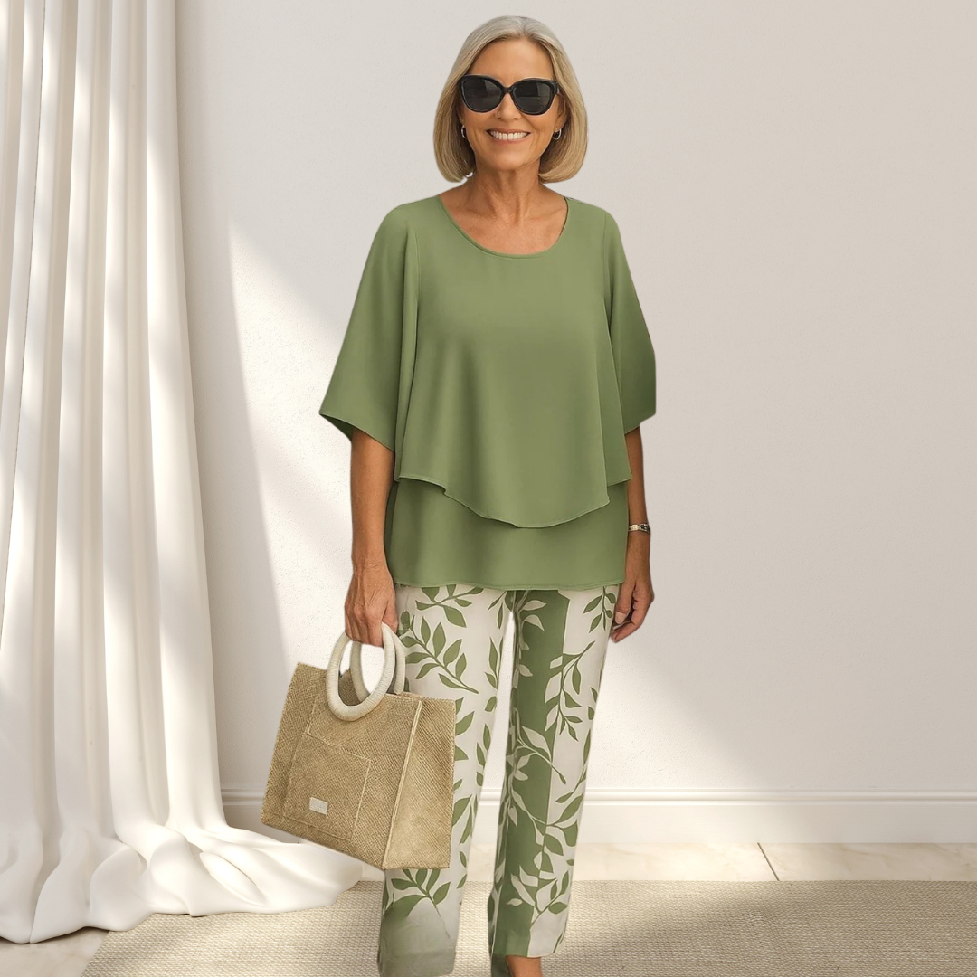 Casira™ - Avslappnad Set med Mönstrade Byxor och Rundhalsad Topp för Damer