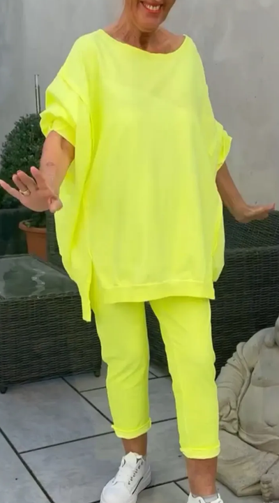 Louniva™ - Kvinnors Lediga Tvådelade Set med Rundhalsad Topp och Byxor